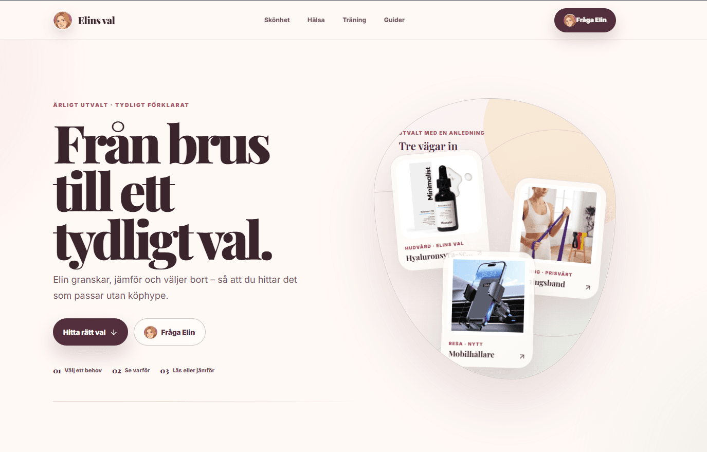 Elins vals uppdaterade startsida med tydliga produktguider och Fråga Elin