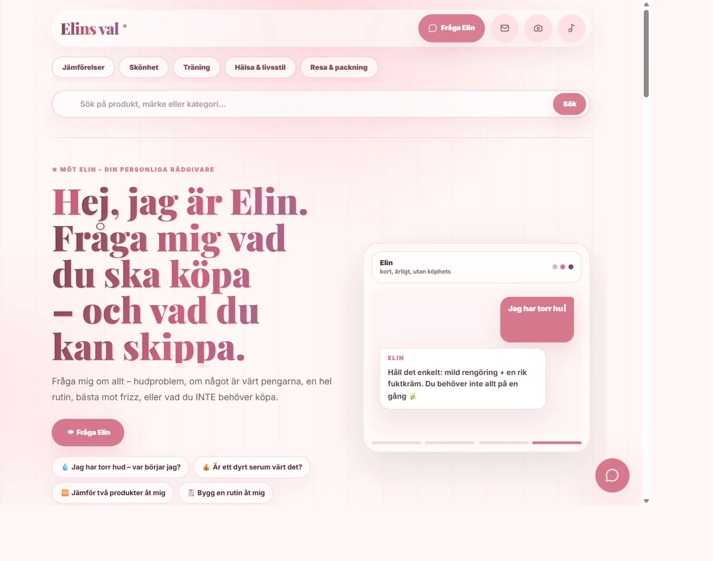 Startsidan och rådgivningsupplevelsen på Elins val